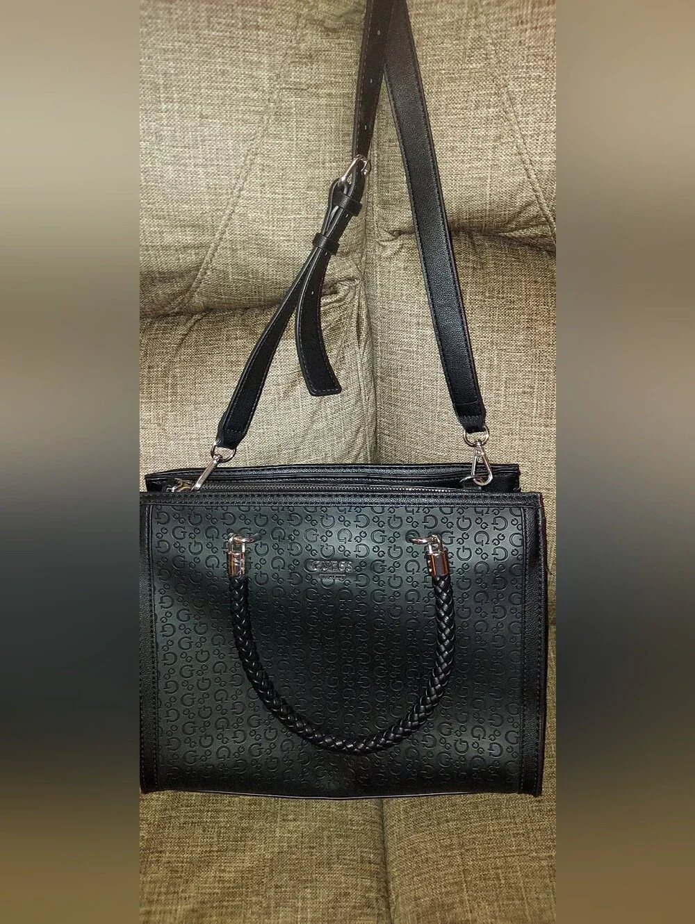 Guess Black Tote with Braided Top Handles and Removable Shoulder Strap